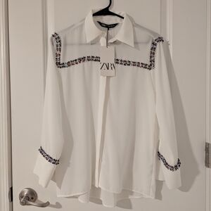 Zara White Floral Embroidered Button Down Shirt